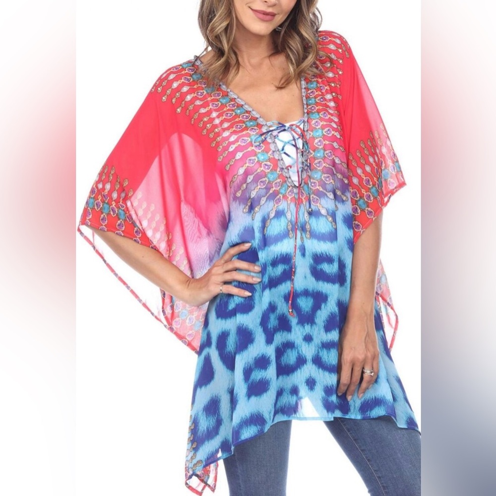 White Mark Pink and Blue Lace-Up Tunic Top